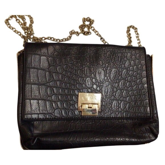 Crossbody Shoulder Bag-Forever 21 Black-Croc OrSnake Skin Desgn-Chain Brass Trim - Picture 3 of 7